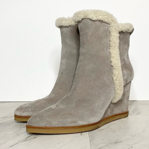 Marc Fisher Brendan Gray Suede Fur Cuff Wedge Boot 9M - Picture 1 of 13